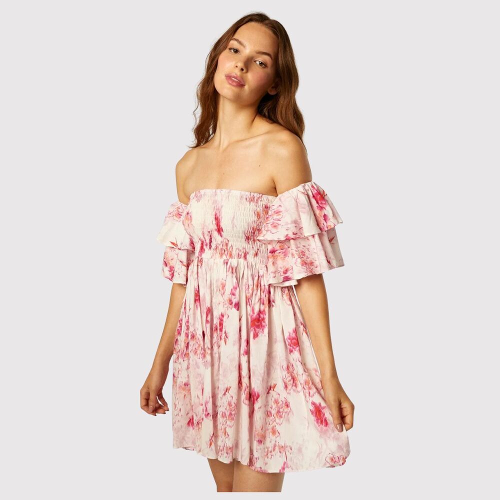 MISA Dress Pink Dina Mini Off Shoulder Smocked Abstract Rose Flowy Coquette XS